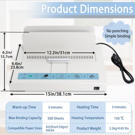 Thermal Binding Machine 500 Sheets Capacity Book Binding Material 110V Binding Machine A3(Short Edge)/A4/A5 Document Heat Binder with 10Pcs Covers (White)