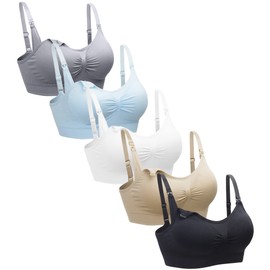 Suekaphin 5PACK Wireless Nursing & Breastfeeding Bra, X-Large Plus, Black/Nude/Gray/White/Lightblue
