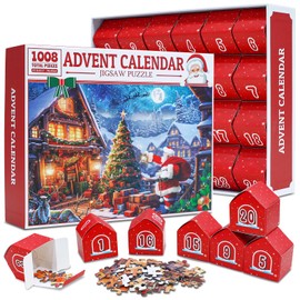 Advent Calendar 2023 Christmas Jigsaw Puzzles- Christmas Cottage Holiday Puzzle for Adult Families, 24 Parts 1008 Pieces Advent Calendars Countdown to Christmas Toys Gift with Puzzle Saver