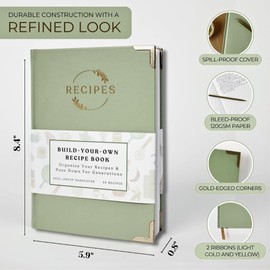 The Kikaze Collection | Leather Blank Recipe Notebook | 8.4” x 6” Hardcover Recipe Book to Write in Your Own Recipes | Heirloom Gift Sage Green & Gold Journal | 60 Recipes | Tabs, Pocket, Stickers & Bookmarks
