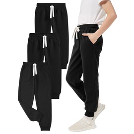 PEHMEA 3 Pack Boys Girls Sweatpants Kids Cotton Active Jogger Pull On Athletic Pants with Pockets Drawstring for School Sport(Black+Black+Black-M)