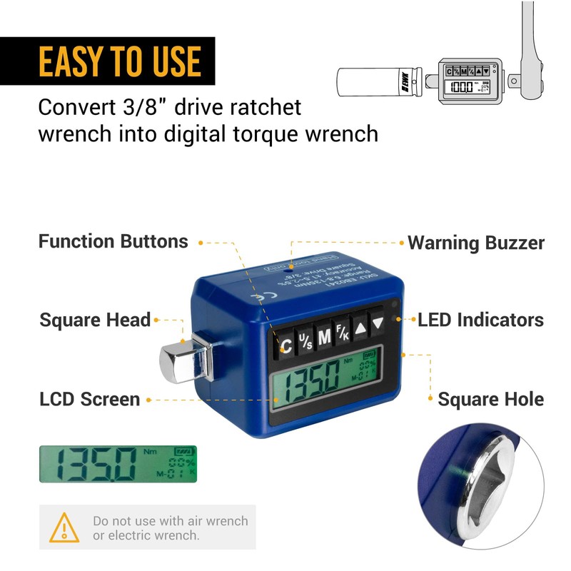 EWK 3/8-inch Drive Digital Torque Adapter 5-100 ft-lbs (6.8-135 Nm),