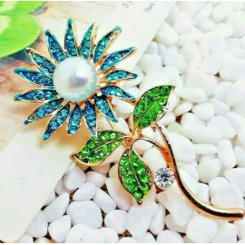 Unbranded Lovely ROYAL Blue DAISY Pearl Sun Flower RHINESTONE Necklace Pendant Brooch