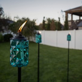 TIKI 2-Pack Topaz Blue Glass TIKI Torches – 65" Outdoor Decorative Torches for Patio, Backyard & Garden – Easy Install, Weather-Resistant with Long-Lasting Wick & Snuffer