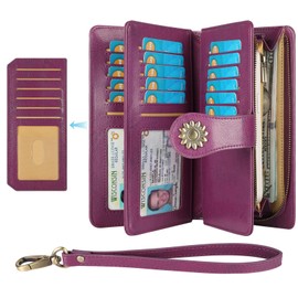 Lavemi Womens Genuine Leather Large Capacity RFID Blocking Wallets Clutch Card Holder With Wristlet Strap(2-Purple)
