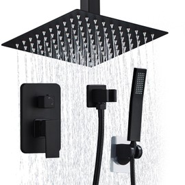 RTOBWEYE 12 Inch Shower Faucet Set Ceiling Mount, High Pressure Rainfall Shower System, Square Rain Shower Spray Combo Luxury Shower Fixtures Matte Black