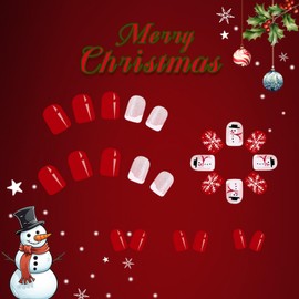 Extra Short Press on Nails Square Christmas Fake Nails Cute Snowman Snowflake Red False Nails with Sliver Glitter Design Full Cover Glue on Nails Glossy Artificial Nails for Women DIY Manicure