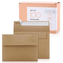 Sweetzer & Orange A6 Envelopes for 4x6 Cards. (100 with Box), Self Seal Brown Paper Mailers, Luxury 150gsm For Greeting Card and Invitation Holders, Postcard Wedding, RSVP Cards Plain Mailing Inserts
