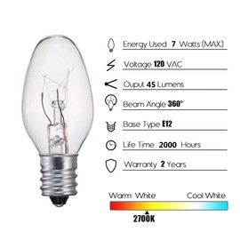 WokHok 7 Watt Night Light Bulbs and Salt Lamps Replacement Bulbs,C7/7 Watt/120 V/45 Lumen,E12 Candelabra Base Light Bulbs,Warm White - Dimmable,12 Pack