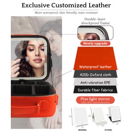 MOMIRA Travel Makeup Bag Cosmetic Bag with Lighted Mirror, Adjustable Brightness in 3 Color Scenarios/Detachable makeup mirror, All-round Upgrade, Waterproof, Gift for Women -Orange