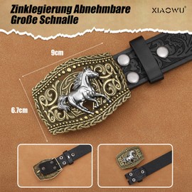 XIAOWU Western Faux Leather Belt for Men and Women, Cowboy Cowgirl Attractive Buckle Retro Embossed Costume Belt, A-horse bronze - black