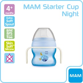 MAM Starter Cup and MAM Glow in the Dark Handles, Baby Cup for 4+ months, Baby Feeding, Glow in the Dark Toddler Cup, 1x 150 ml, Blue (Designs May Vary)
