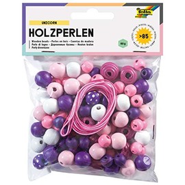 folia 22973 Wooden Beads, Unicorn Mix, Purple/Pink, 60 g Equivalent to 85 Pieces, in Various Colours and Shapes, for Making Necklaces and Bracelets, Includes 2 Cords Each Approx. 85 cm