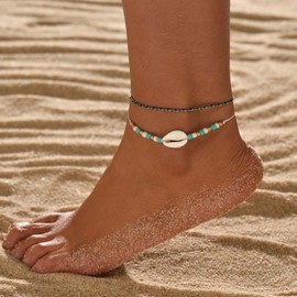 TseenYi Boho Shell Anklet Sets Small Beads Beadeds Anklet Bracelet Cowrie Shell Foot Anklet Seashell Layered Anklet Bracelet Tiny Beads Chain Foot Chain Beach Jewelry for Women and Girls