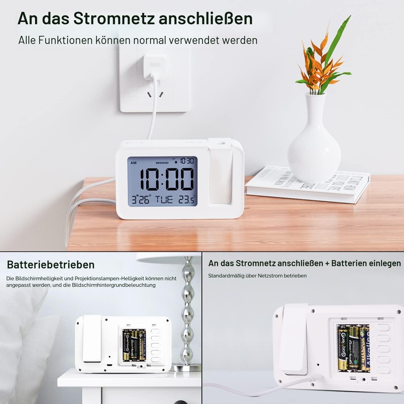 CHEREEKI Projection Alarm Clock, Alarm Clock with Indoor Temperature, 4