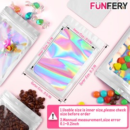 Funfery 100 Pcs Resealable Bags Clear Holographic Bags,Smell Proof Packaging Baggies,Mylar Food Storage Bags,Zipper Sealing Bags for Coffee Bean,Cookies,Jewelry Sample Small Business(White,3.5x6.3in)