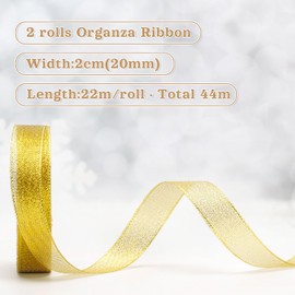 G2PLUS Gold Organza Gift Wrap Ribbon, 20mm Sparkly Decorative Christmas Ribbon, Ribbon for Gift Wrapping 44M Glitter Metallic Ribbon for Christmas Easter Wrapping Gift Craft, 2 Roll x 22M