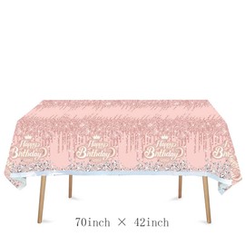 Mantel rosa y plateado para fiesta de feliz cumpleaños con diamantes con purpurina, mantel de feliz cumpleaños, suministros de fiesta de niño y niña, 70 x 42 pulgadas, para suministros de fiesta de cumpleaños rosa y plateado (rosa)