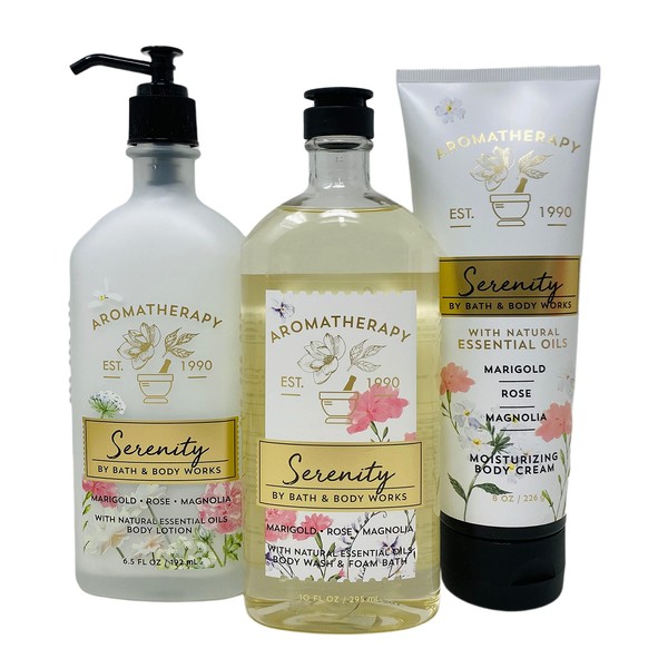 Bath & Body Works Aromatherapy SERENITY Marigold Rose Magnolia trio - Body Lotion - Body wash + Foam Bath - Moisturizing Body Cream