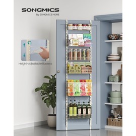 SONGMICS Over The Door Pantry Organizer, 6-Tier Pantry Organizers and Storage, Hanging Spice Rack, 6 Mesh Baskets, 2 Guard Rails, Adjustable Height, Holds 88 lb, Wall Mounted, Cream White UKCS047W01