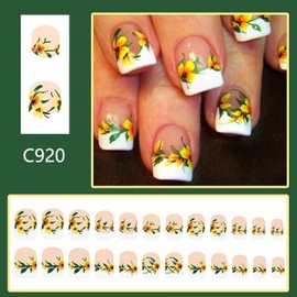 24 Pcs Spring Yellow Flower Press on Nails Short Square White French Tip Fake Nails Summer Floral False Nails with Floral Designs Glossy Nail Tips Full Cover Acrylic Nail Kit for Women Nail Art DIY
