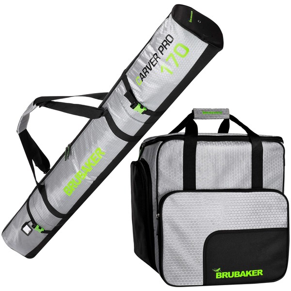 BRUBAKER Combo Set CarverTec Pro - Ski Bag and Ski Boot Bag for 1 Pair of Skis + Poles + Boots + Helmet - Silver Green - 66 7/8 Inches / 170 cm