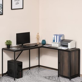 HOMCOM L-Shaped Computer Corner Desk with Storage Cabinet, Adjustable Shelf, Large Tabletop and Black Steel Frame, Brown