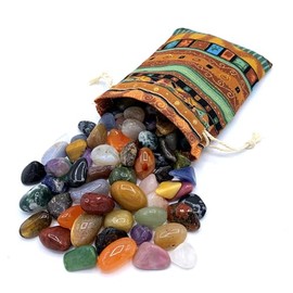 PURAJA Edelstein Set | Bunter Mix an natrlichen Trommelsteinen | Mischung aus echten Edelsteinen | Praktisch im bunten Stoffbeutel