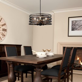 WBinDX Drum Chandelier Diam 19 inch, 5-Light Farmhouse Dining Room Light Fixture Metal Hanging Pendant Lighting, Rustic Black Faux Wood Round Chandeliers for Kitchen Island Living Room Entryway