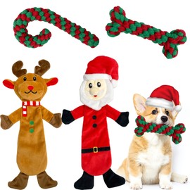 MISS FANTASY Christmas Dog Toys - Stuffless 4 Pack Rope Dog Toys for Aggressive Chewers, Plush Puppy Toys,Squeaky Dog Teething Chew Toys for Large Medium Small Dog