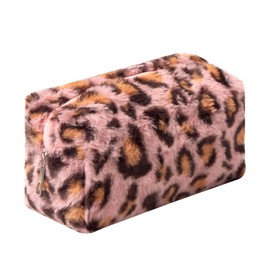 OZAOZ Checkered Makeup Bag Plush Cosmetic Bag Asthetic Plaid Handbags Cute Zipper Travel Toiletry Bag Soft Storage Pouch Pencil Case Bag for Women Girls (Leopard print-B)