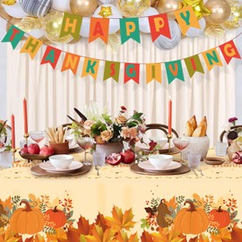 Alitake 3-Pack Thanksgiving Tablecloth Fall Tablecloths - Thanksgiving Tablecloth Disposable Plastic Thanksgiving Table Cloth Pumpkin & Leaves Print, Table Covers for Thanksgiving (Yellow)