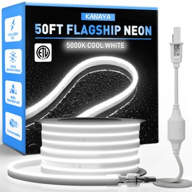 KANAYA 50ft Led Neon Rope Lights Cool White 5000K, ETL Listed 110-120V Lighting Strip IP65 Waterproof, Connectable and Cuttable, for Home Commercial Building Outdoor Indoor Decor