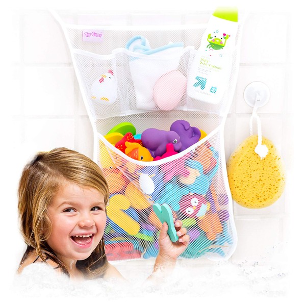 Tub Cubby Bath Toy Organizer + 36 ABC Foam Letters & Numbers & Ducky Bathtub Play Set - Mesh Net Bag - Baby Game Holder - Bathroom Storage & Shower Caddy Toddler Tray - Kid Safety Award