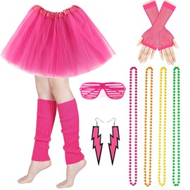 M MUNCASO 80s Fancy Dress Costume, 1980s Fancy Party Costume Set Adult Tutu Skirt with Leg Warmers Fishnet Gloves Neon Necklaces Bead Lighting Earrings Sunglasses for 80s Retro Party