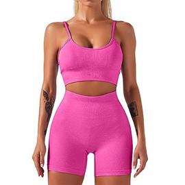 HANERDUN 2 Piece Workout Set for Women Outfit Gym High Waist Leggings with Sport Bra, Rose, Small