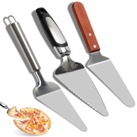 Juego de 3 espátulas para tartas, cortador de tartas para cortar y servir postres, pizza y pasteles, mango dentado de acero inoxidable fácil de agarrar, espátula de pizza para cocinar alimentos