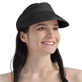 SUN CUBE Sun Visor Hat Women, Beach Hat Wide Brim Straw Visor UV Protection, Foldable Packable Cap, Roll Up Ponytail Summer Travel Golf Visor, Large Sunhat UPF SPF 50+ Pool Garden Fishing, Black