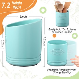 Teenyyou 7.4" Large utensils holder for kitchen counter Ceramic kitchen Utensil Crock Farmhouse Vase Cooking Caddy Organizer with Slanted Top for House Decor Housewarming Birthday Gif(Turquoise)