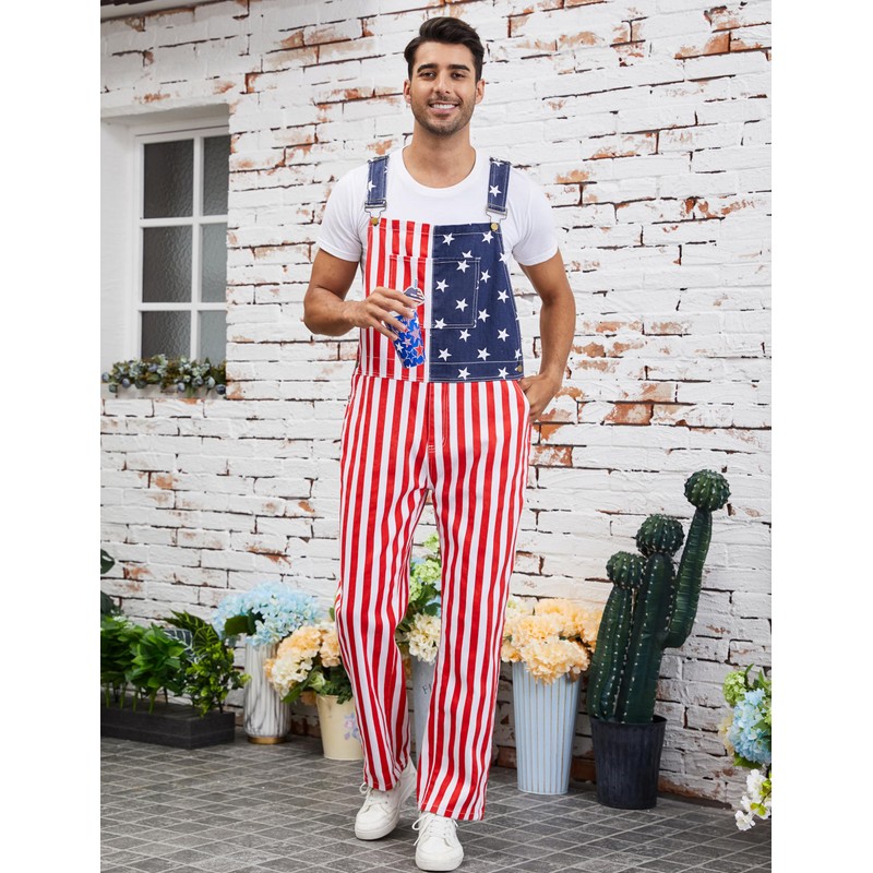 WIRDATRD Festival Overalls Men Adjustable Straps Jumpsuits Bibs Coveralls(Flag)
