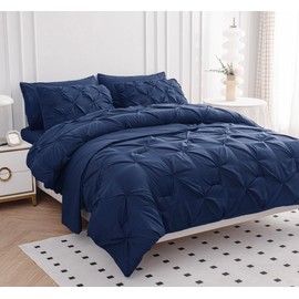 LANE LINEN Twin Comforter Set, 5 Piece Twin Bedding Sets for Boys, Pintuck Twin Size Bed Set, Pinch Pleated Twin Bed in a Bag Set, Twin Bed Comforter Set with Sheets, Pillowcase & Sham - Navy Blue