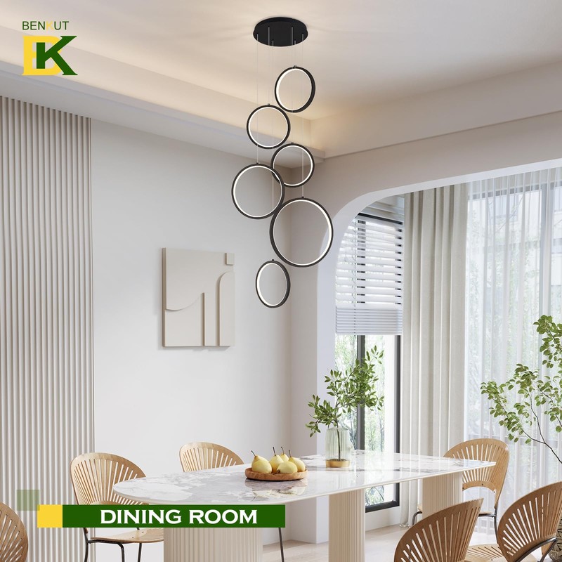 Benkut Modern LED Chandelier 6 Ring Black LED Pendant Light