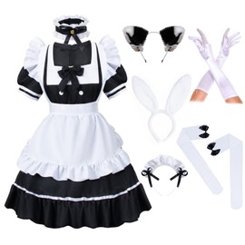 Anime French Girls Bunny Maid Sweet Kawaii Costume Cosplay Dress Furry Cat Ear Gloves Socks Set, Black, Large