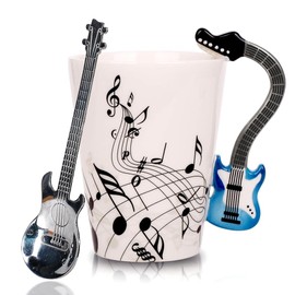 Taza de Guitarras, Taza de Café con Diseño de Asa de Guitarra y Cuchara, Adecuado para el Té y el Café de la Mañana, Regalo Original para los Amantes de la Música, Unisex. (Guitarra Electrica Azul)