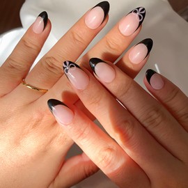 GlimightyX Handmade Black French Tip Press on Nails Short Almond, Reusable Thick Gel UV Cured False Nails, Waterproof Durable Stick On Nails Kit with Glue,S Size 10 Nails