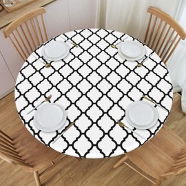 BDUEYFU Round Tablecloth,Waterproof Elastic Fitted Table Covers,Wipeable Table Cloth for Picnic,Camping,Dining,Indoor and Outdoor White and Black Diameter 44"