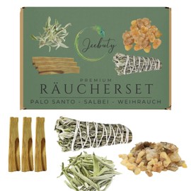 JEEBUTY Premium Incense Set XL, Frankincense, Boswellia Carterii, 50 g, Sage Loose 25 g, Sage Incense Bundle 1 x Palo Santo 3X, Gift Set