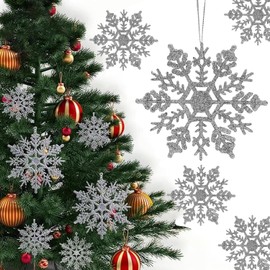 Norhogo 12pcs Glitter Snowflake Hanging Decorations, Snowflake Hanging Ornaments, Glitter Snowflake Ornaments Hanging Snowflake Christmas Tree Decorations for Holiday and Party Decoration (Silver)