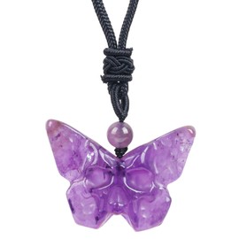 Lovionus89 Natural Crystal Stones Butterfly Skull Pendant，Adjustable Black Cord Gothic Hand Carved Necklace, Amethyst