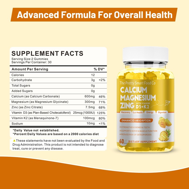 Calcium Magnesium Zinc Gummies with Vitamin D3 & K2 for
